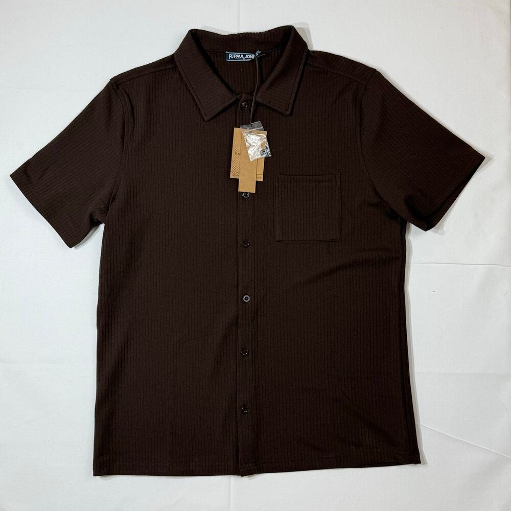 Men’s M Medium Brown Ribbed Knit Short Sleeve Button Up Shirt Casual